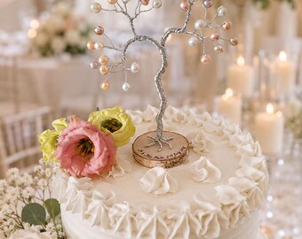 Handmade Freshwater pearl tree cake topper with custom message, Personalised Wedding gift keepsake