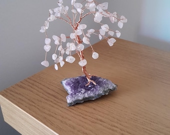 Árbol de cristal de cuarzo rosa, drusa de amatista, árbol de piedras preciosas, decoración del hogar, regalo de cumpleaños