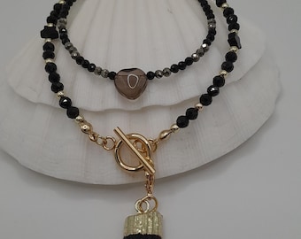 Zwarte toermalijn, onyx, pyrietketting, uniek 2-ontwerp in 1 choker, rookkwartshart