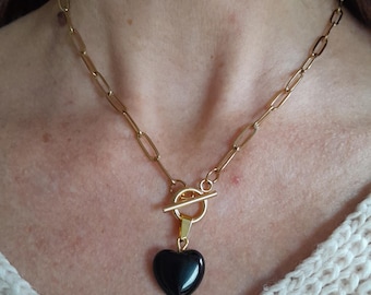 Collar de corazón de obsidiana negra, collar de cadena con cierre de palanca chapado en oro de 18 quilates y clip de papel, protección