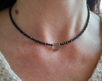 Minimalist Black Tourmaline choker with Smoky Quartz heart, Protection, Grounding necklace