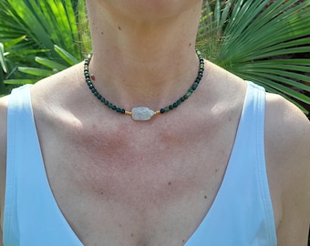 Moss Agate choker necklace with freshwater pearl, handmade genuine gemstone necklace, green necklace gift for her