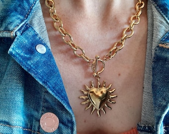 Golden cable chain, toggle clasp necklace with heart sun pendant, chunky stainless steel necklace