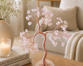 Personalised 5th Anniversary Rose Quartz tree, Handcrafted heart chakra gemstone tree of love
