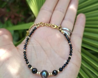 Pulsera de turmalina negra, espinela y perlas negras de agua dulce, joyería de cristal protectora