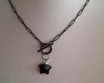 Black paperclip chain toggle clasp necklace with black obsidian star pendant