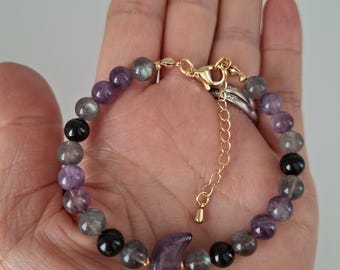 Armband met bescherming tegen empathie, 6 mm labradoriet, amethist, zwarte toermalijn verstelbare sieraden
