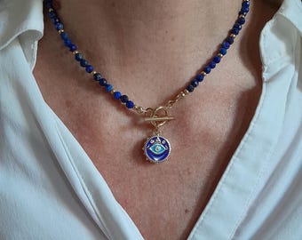 Collar de lapislázuli de grado AA, gargantilla azul, chakra del tercer ojo, regalo de noveno aniversario, collar de mal de ojo, collar con cierre de palanca