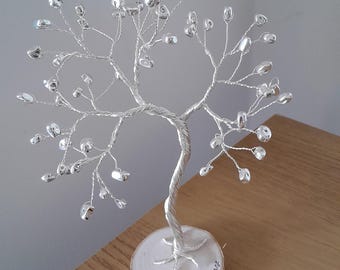 Regalo de aniversario de plata, árbol del 25 aniversario, escultura de alambre hecha a mano