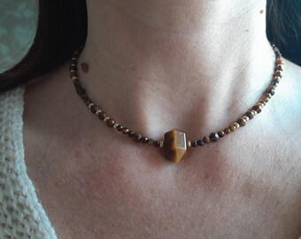 Handmade minimalist Tiger Eye beaded necklace with double terminated point