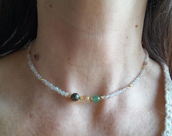 Wealth, Success necklace, Citrine, Pyrite, Green Aventurine choker, Minimalist manifestation jewellery