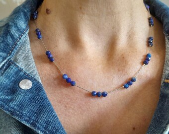 Lapis lazuli beaded necklace on stainless steel chain, blue choker gift, September birthstone jewellery