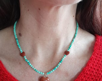 Collar de corazón de turquesa peruana natural (sin teñir) y jaspe rojo, joyería con cuentas de piedras preciosas, gargantilla de corazón rojo