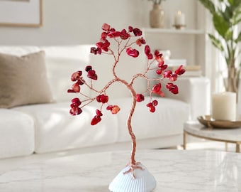 Mini Coral and Jade tree, 35th Anniversary gift for parents, gemstone wire tree