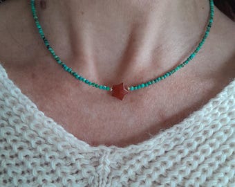 Dainty beaded natural faceted Turquoise (Undyed) necklace with Red Jasper star