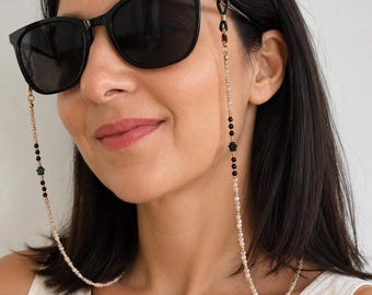 Citrine Glasses Chain with Black Tourmaline & Onyx Stars, Gemstone Sunglasses Chain, Gold Eyeglass Holder, Handmade Glasses Strap