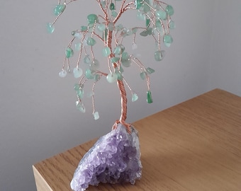 Árbol de cristal de aventurina verde, base de drusa de amatista, árbol de piedras preciosas de la suerte, decoración del hogar, regalo de cumpleaños, regalo de aniversario