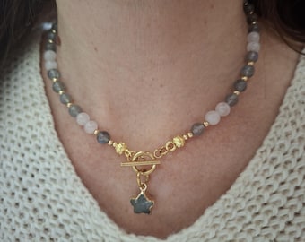 Collar de cuentas de labradorita y cuarzo rosa con colgante de estrella de labradorita, gargantilla de regalo con cierre de palanca