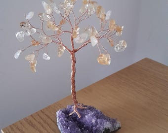 Árbol de cristal de citrino sobre drusa de amatista, decoración del hogar, piedra natal de noviembre, regalo de aniversario