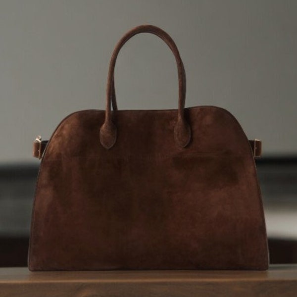 Leather Suede tote handbag with a soft Leather top handle, Vintage Bag