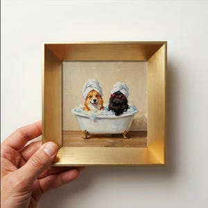 Funny Pet Spa Framed Oil Painting, Miniature Bubble Bath Corgi Pug Art, Retro Salon Cat Blow Dry Hot Stone, Bathroom Wall Decor