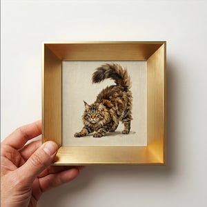 Funny Maine Coon Framed Oil Painting, Miniature Whimsical Giant Cat Art, Cute Cross Eyed Royal Blep Soap Bubble, Cat Lover Gift
