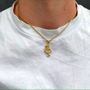 Könnte beinhalten: Eine goldene Kettenkette mit einem kleinen goldenen Schlangenanhänger.
