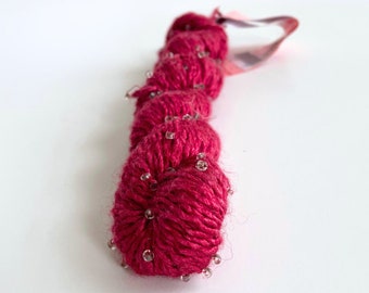 Red silk merino yarn with glass beads - Louisa Harding Grace Hand Beaded yarn - color 6 Raspberry - discontinued, DK weight - ready to ship