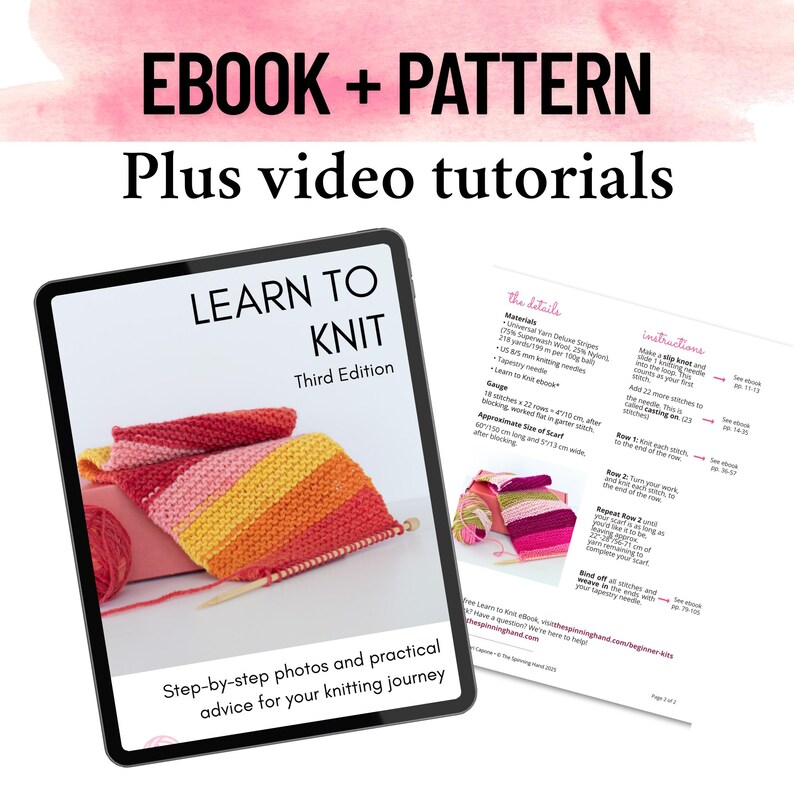 Op de afbeelding: Een ebook en patroon om te leren breien, met video tutorials. De afbeelding toont een tablet met een kleurrijk gebreid sjaalproject met stapsgewijze foto's en praktische adviezen. Een afgedrukte pagina met instructies is ook zichtbaar.