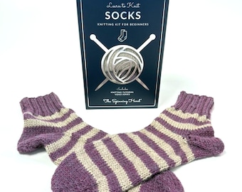 Learn to Knit Slipper Socks - Striped Socks Knitting Kit - Pure Alpaca Yarn