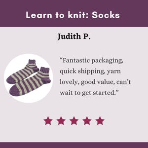 May include: A pair of knitted socks with purple and light grey stripes. The image includes text that reads "Learn to knit: Socks" and a customer review. The socks are displayed on a light purple background.