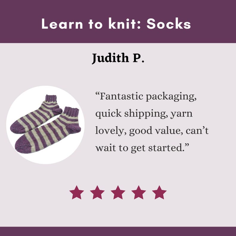 May include: A pair of knitted socks with purple and light grey stripes. The image includes text that reads "Learn to knit: Socks" and a customer review. The socks are displayed on a light purple background.