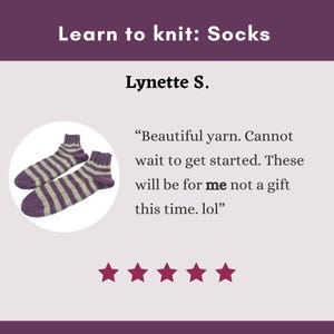 May include: Knitted socks in purple and light grey stripes. The image features the text "Learn to knit: Socks" and a customer review.