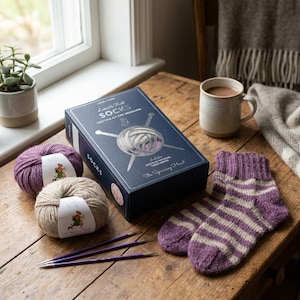 Aprende a tejer calcetines pantuflas - Kit para tejer calcetines a rayas - Hilo de alpaca pura