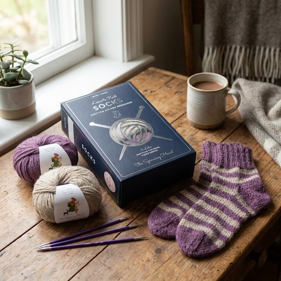 Learn to Knit Slipper Socks - Striped Socks Knitting Kit - Pure Alpaca Yarn