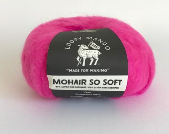 Hot Pink Mohair So Soft - Loopy Mango yarn - Shameless Pink - merino wool mohair blend - 65 yards each - fuzzy mohair yarn - ready to ship