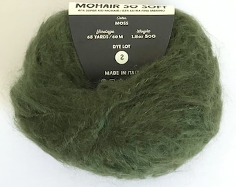 Green Mohair So Soft - Loopy Mango yarn - color Moss - merino wool mohair blend - 65 yards/59 m per ball - fuzzy mohair yarn - ready to ship