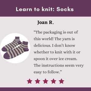 May include: A pair of knitted socks with purple and light grey stripes. The image includes the text "Learn to knit: Socks" and a customer review. The socks are displayed on a white background.