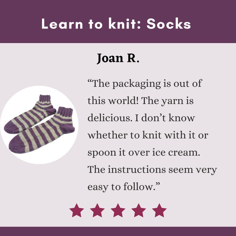 May include: A pair of knitted socks with purple and light grey stripes. The image includes the text "Learn to knit: Socks" and a customer review. The socks are displayed on a white background.