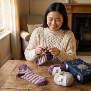 Learn to Knit Slipper Socks - Striped Socks Knitting Kit - Pure Alpaca Yarn image 3