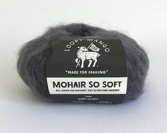 Charcoal Mohair So Soft - Loopy Mango yarn - color Dark Secret - merino wool mohair blend - 65 yards ea. - fuzzy mohair yarn - ready to ship