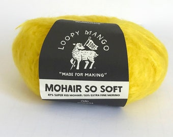 Yellow Mohair So Soft - Loopy Mango yarn - color Mimosa - merino wool mohair blend - 65 yards per ball - fuzzy mohair yarn - ready to ship