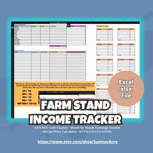 Könnte beinhalten: Eine digitale Tabelle mit dem Titel "Farm Stand Income Tracker" mit blauem Rand. Die Tabelle enthält Abschnitte für Einnahmen, Kosten und Gewinn, mit einem Rezeptpreiskalkulator. Die Datei ist eine Excel .xlsx-Datei.