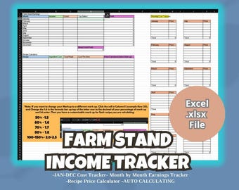 May include: A digital spreadsheet titled "Farm Stand Income Tracker" with a blue border. The spreadsheet includes sections for income, costs, and profit, with a recipe price calculator. The file is an Excel .xlsx file.