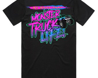 ¡Camisa Monster Truck única y rara, colores neón, unisex para adultos y niños personalizados! Camisas monster truck, colores vibrantes.
