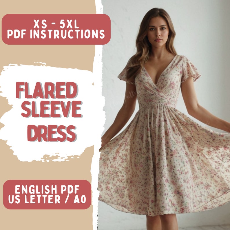 May include: A digital download for a flared sleeve dress sewing pattern. The pattern includes instructions in English and is available in sizes XS to 5XL. The image shows a woman wearing a floral print dress.