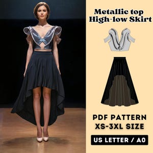 Patrón de costura de falda asimétrica y top metalizado / Patrón de costura en PDF / Patrón de confección / Tallas XS a 3XL / Descarga instantánea en tamaño carta/A0 de EE. UU.