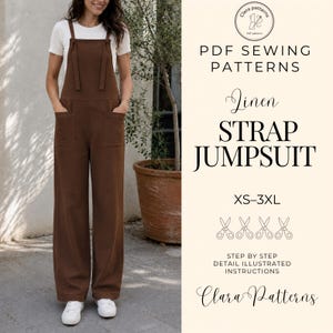 Può includere: Una tuta con spalline in lino marrone con scollo quadrato, due tasche frontali applicate e gambe larghe. Il testo recita: PDF SEWING PATTERNS, Linen STRAP JUMPSUIT, XS-3XL, STEP BY STEP DETAIL ILLUSTRATED INSTRUCTIONS, Clara Patterns.
