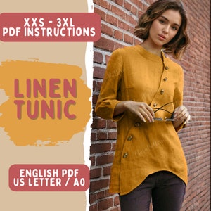 Unregelmäßige Leinen Bluse PDF Schnittmuster | Leinen Tunika Muster | Frauen Kleidung Schnittmuster | Geknöpftes Asymmetrisches Hemd