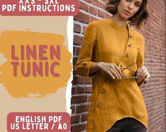 Irregular Linen Blouse PDF Sewing Pattern | Linen Tunic Pattern | Women Clothing Sewing Patterns | Buttoned Asymmetrical  Shirt